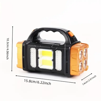 Schwarze LED-Taschenlampe mit Griff, orange Akzente, tragbar, 6,22 Zoll, multifunktional.