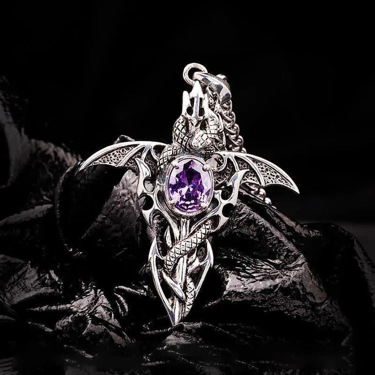 Silberner Drachenanhänger mit lila Kristall, gotischer Schmuck, Unisex-Halskette.