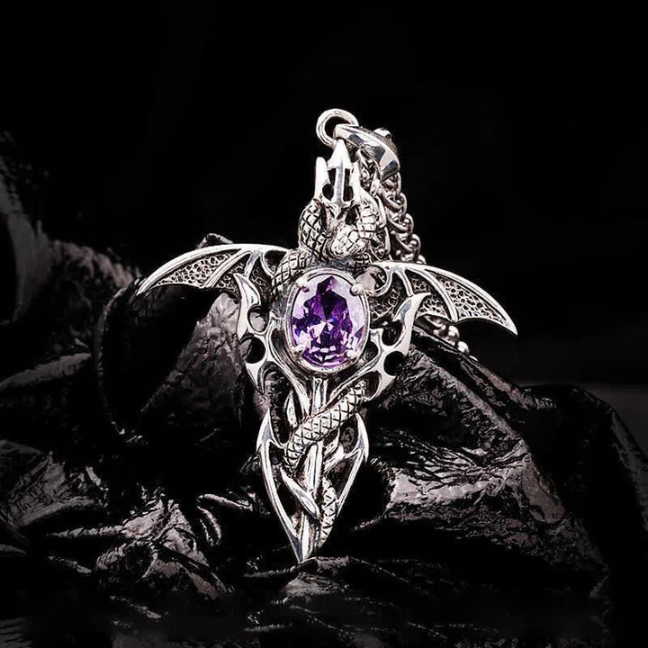 Silberner Drachenanhänger mit lila Kristall, gotischer Schmuck, Unisex-Halskette.