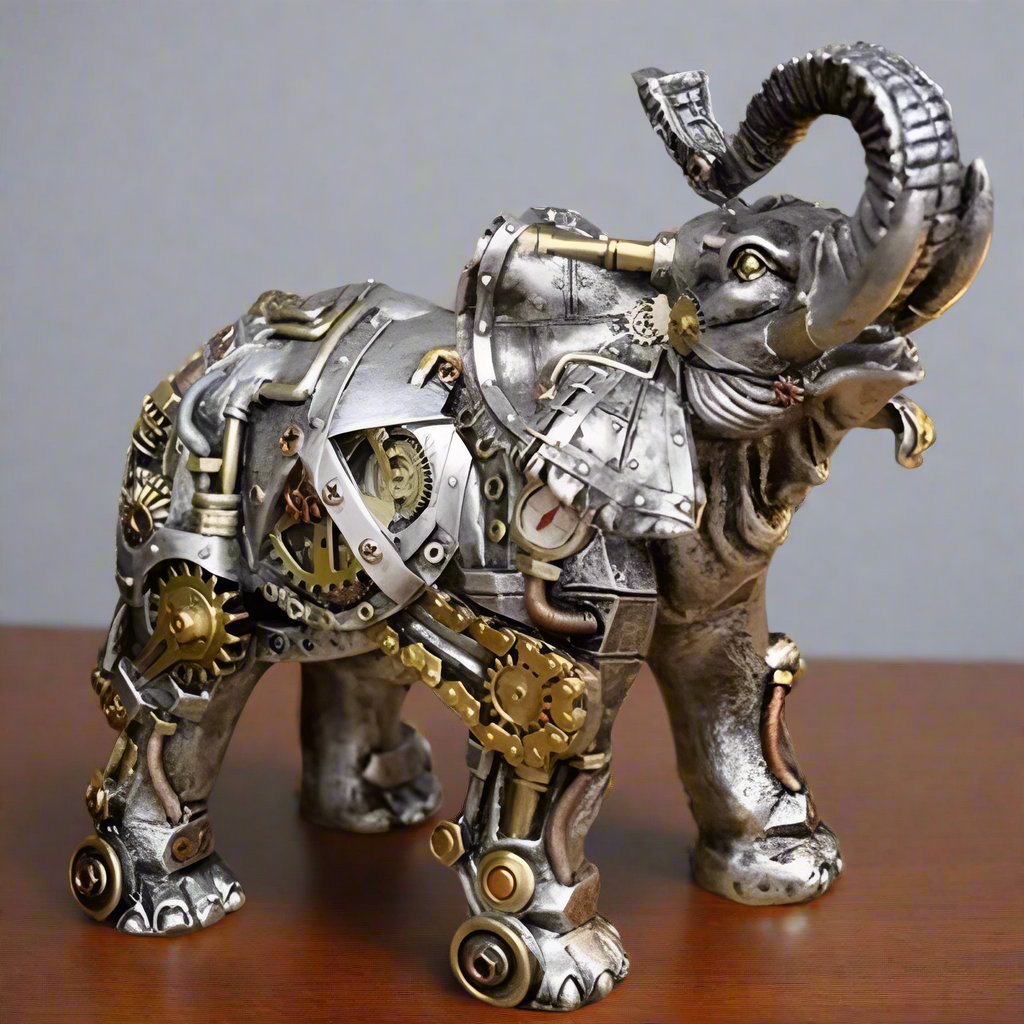 Steampunk-Elefant-Skulptur aus Metall mit Zahnrädern, silberfarben, dekorative Figur.