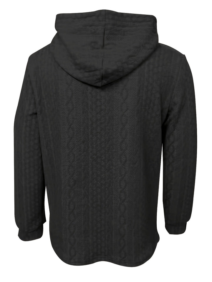 Schwarzer Kapuzenpullover, Herrenmode, Strickmuster, Freizeitkleidung, Rückansicht