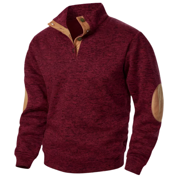 Bordeauxroter Herrenpullover mit Stehkragen, Wildlederbesatz, Ellbogenpatches, Baumwolle.