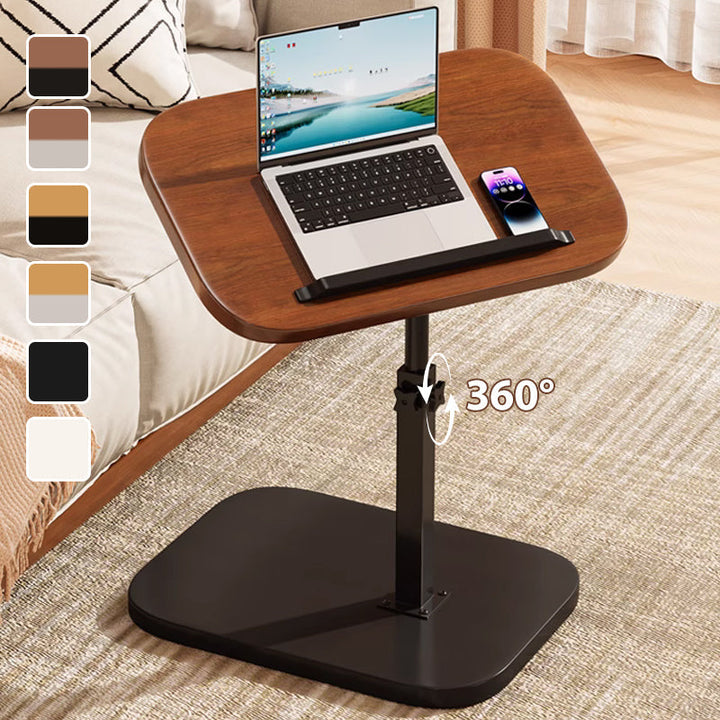Stůl s tmavě hnědou deskou a černou podstavou, na něm notebook a telefon, vlevo vzorník barev a symbol otáčení o 360°. 1