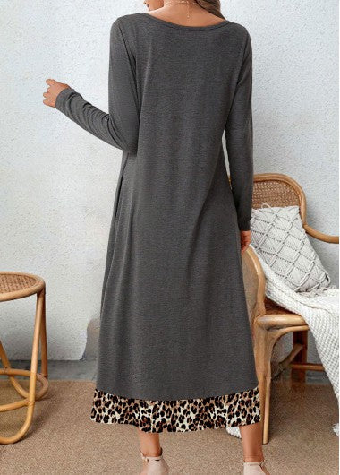 Damen Maxikleid, langärmelig, grau, Leopardenmuster, lässig, bequem, Herbstmode.