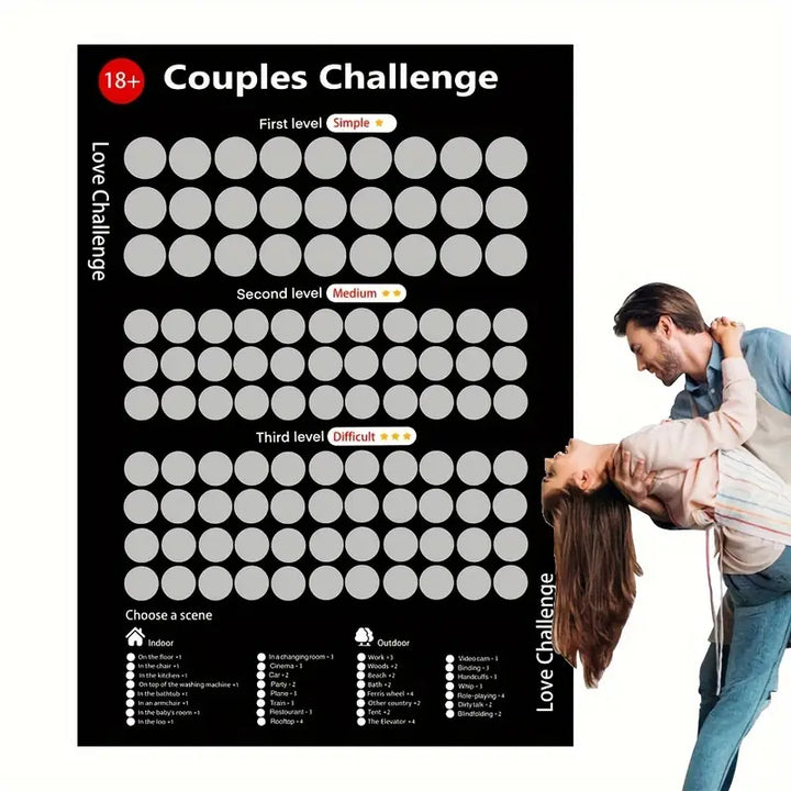Paar-Challenge-Poster, 18+, schwarz, drei Schwierigkeitsstufen, Indoor- und Outdoor-Aufgaben.