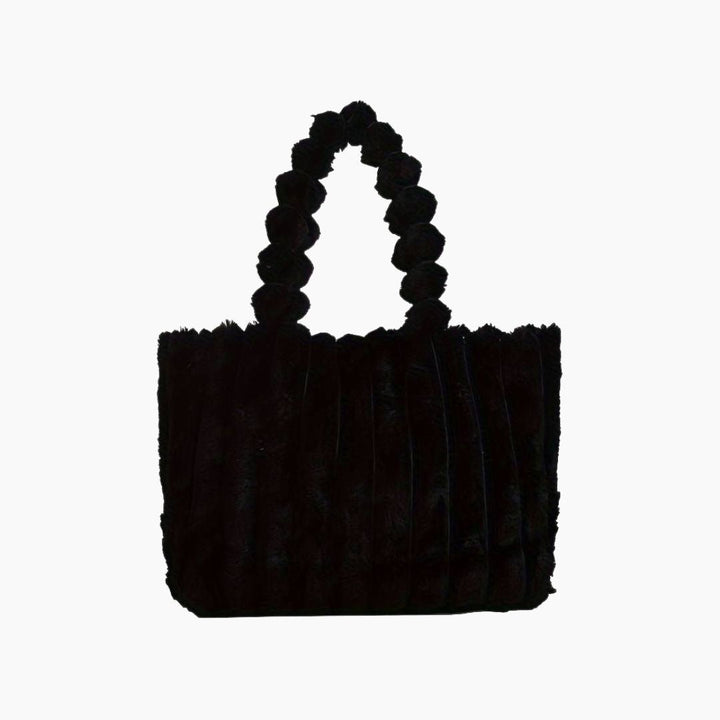 Schwarze Plüschhandtasche mit geflochtenem Griff, modisches Accessoire für Damen.