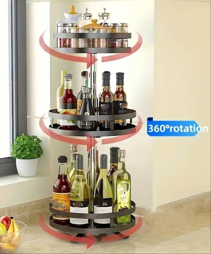 360° drehbares Küchenregal, platzsparend, schwarz, für Gewürze und Flaschen, modernes Design.