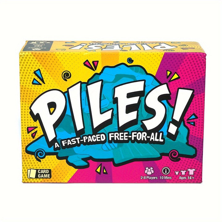 Brettspiel "Piles" in bunter Verpackung, Kartenspiel für 2-8 Spieler, schnelle Runden.