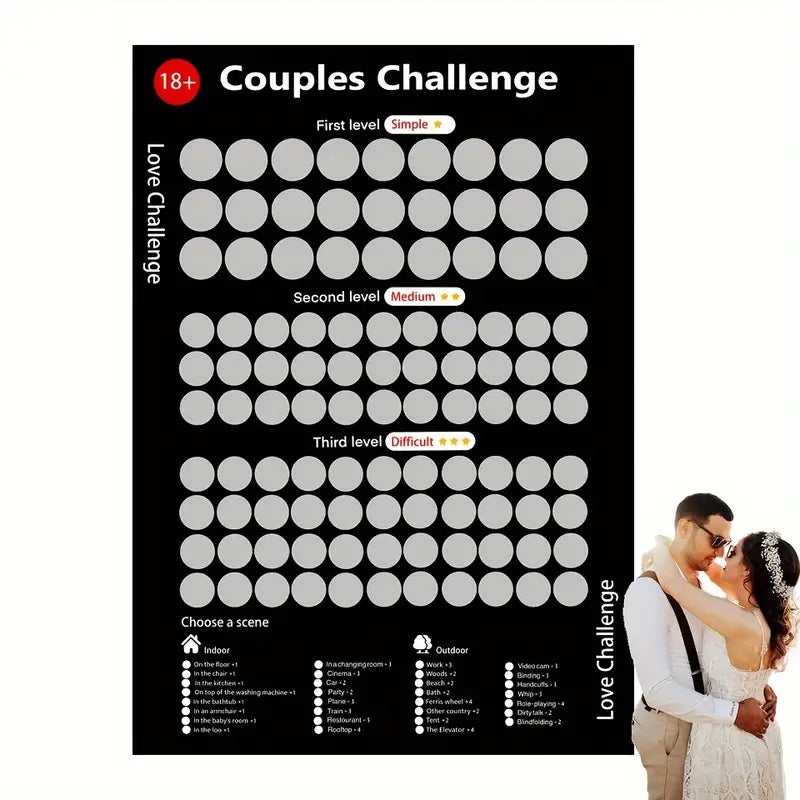 18+ Paarchallenge-Poster, schwarz, 3 Schwierigkeitsstufen, Indoor- und Outdoor-Aufgaben.