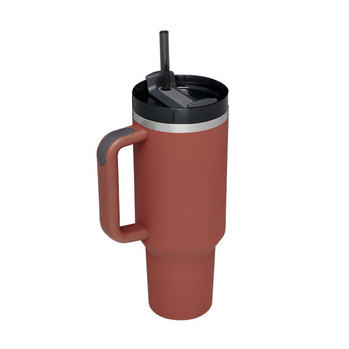 Roter Thermobecher mit Henkel und Strohhalm, Edelstahl, isoliert, 1 Liter, auslaufsicher.