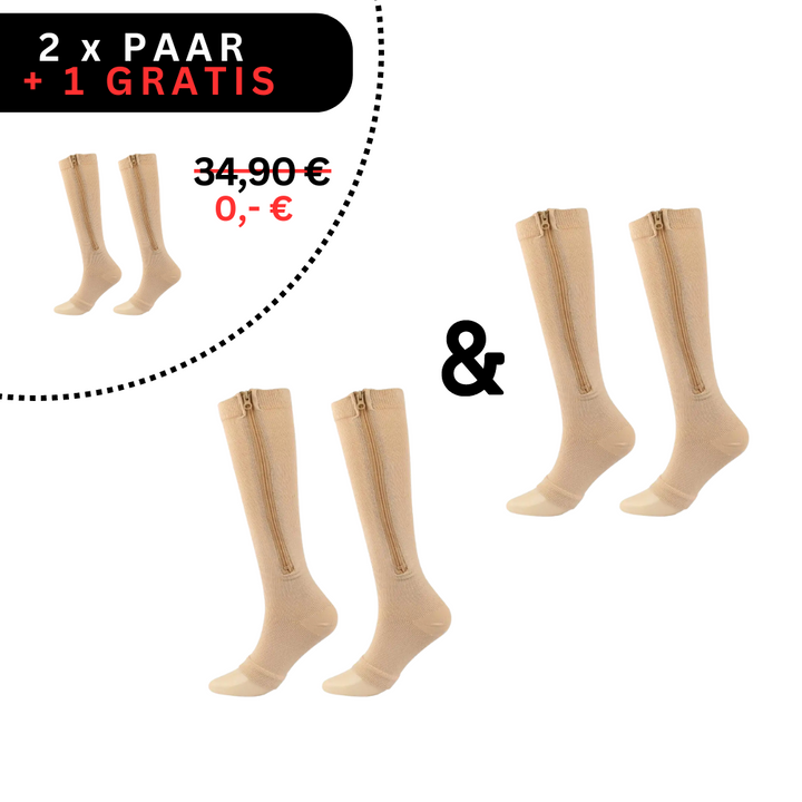 Beige Kompressionsstrümpfe mit Reißverschluss, 2+1 Angebot, medizinische Stützstrümpfe.
