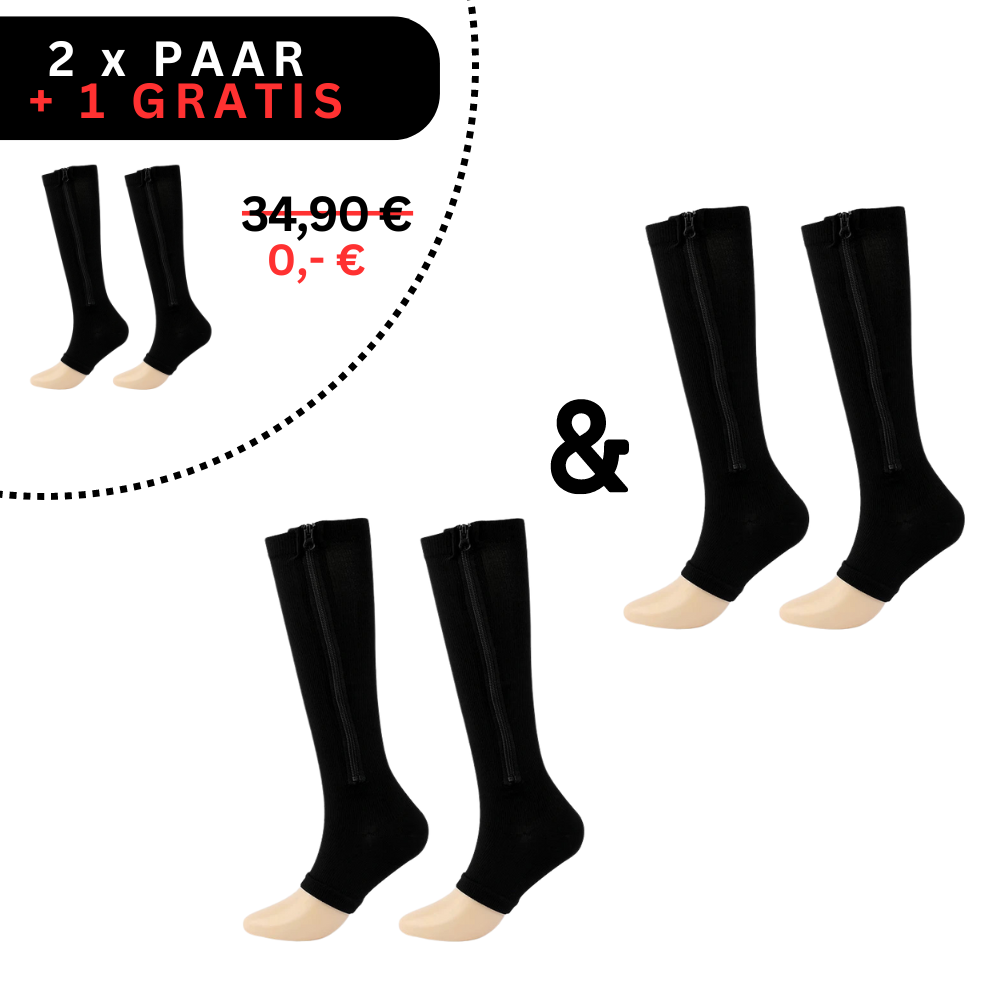 Schwarze Kompressionsstrümpfe mit Reißverschluss, 2+1 gratis Angebot, Knielang, Unisex.