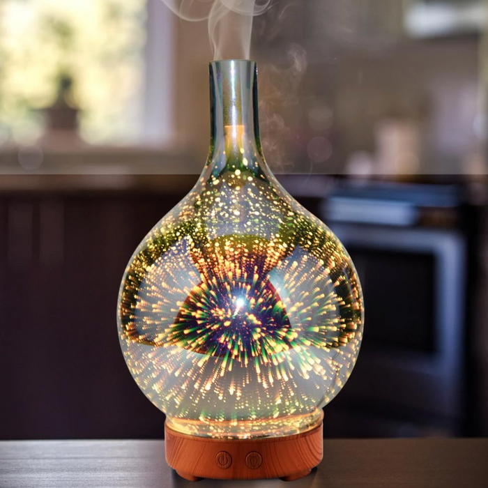 3D-Glas-Aromadiffuser mit LED-Licht, Holzsockel, für ätherische Öle, dekorativ, modern.