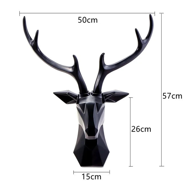 3D Hirschkopf Skulptur, schwarz, Wanddekoration, 57cm, geometrisches Design, modernes Wohnaccessoire.