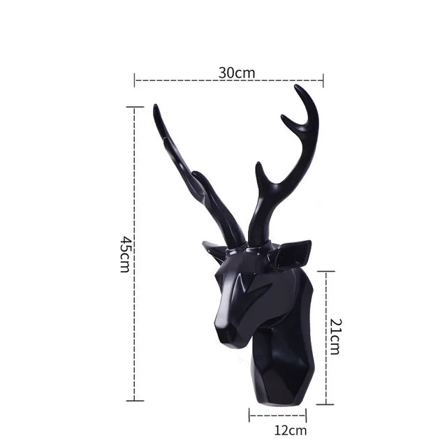 Schwarzes 3D-Hirschkopf-Wanddeko-Skulptur, modernes Design, 45cm hoch, geometrisch.