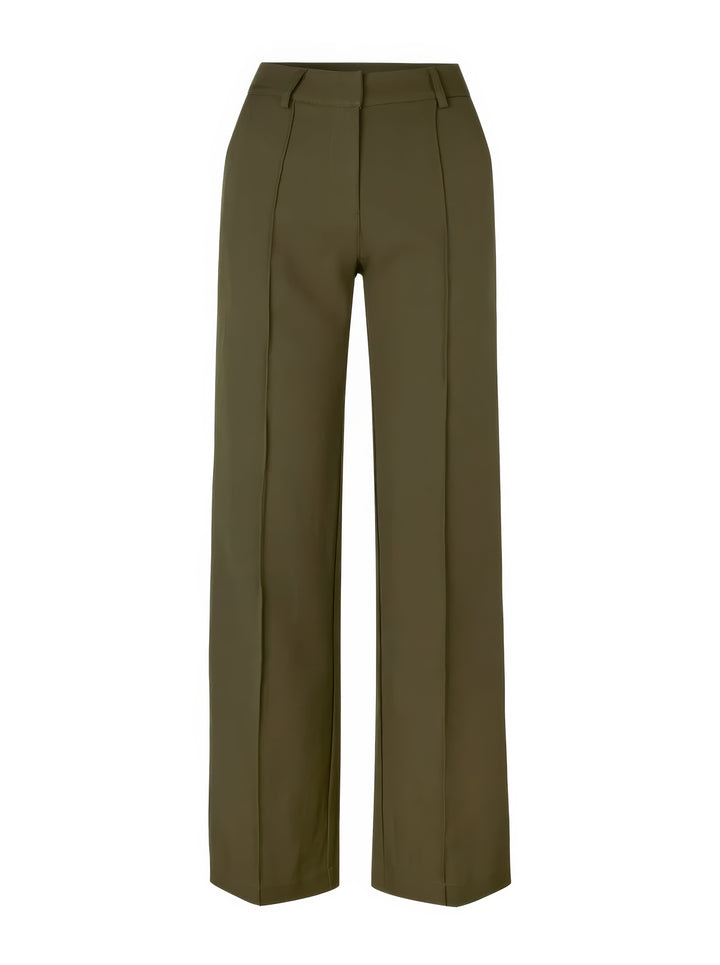 Grüne Damenhose, gerade geschnitten, elegant, aus Baumwolle, für Büro und Freizeit.