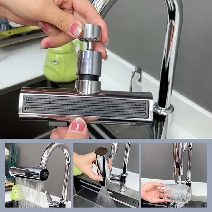 Verstellbarer Wasserhahnaufsatz aus Edelstahl für Küche, 360 Grad drehbar, spritzwassergeschützt.