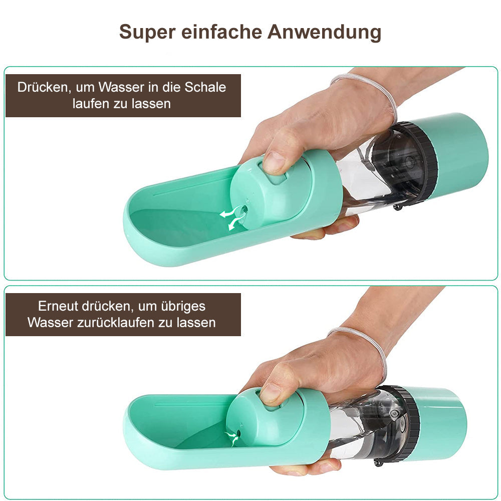 Tragbare Hundewasserflasche, grün, mit Schale, für unterwegs, einfache Anwendung.