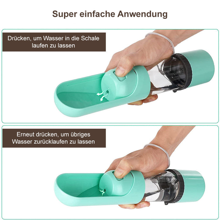 Tragbare Hundewasserflasche, grün, mit Schale, für unterwegs, einfache Anwendung.