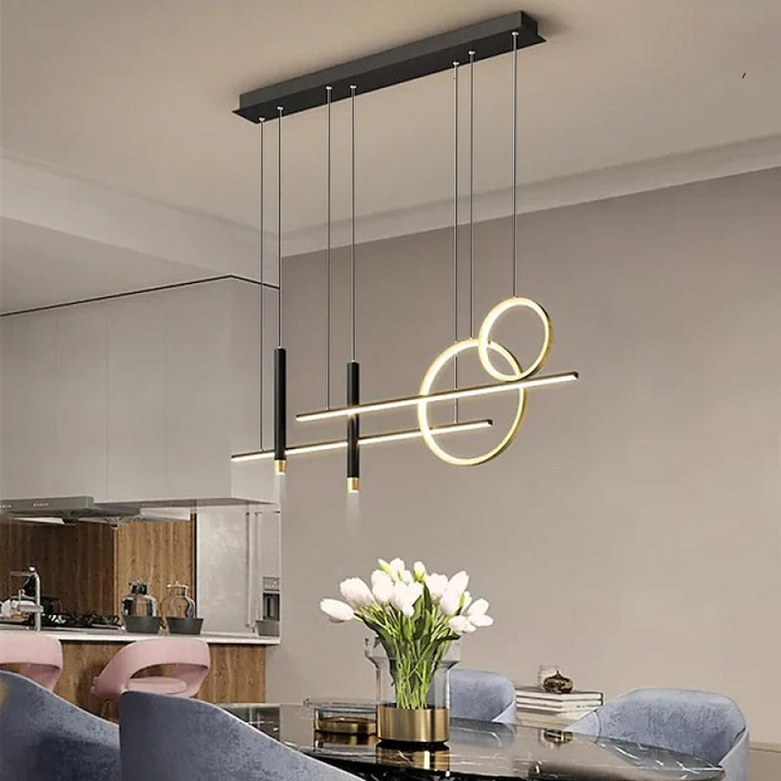 Moderne LED-Pendelleuchte, schwarz-gold, geometrisches Design, Esszimmer, Innenbeleuchtung.