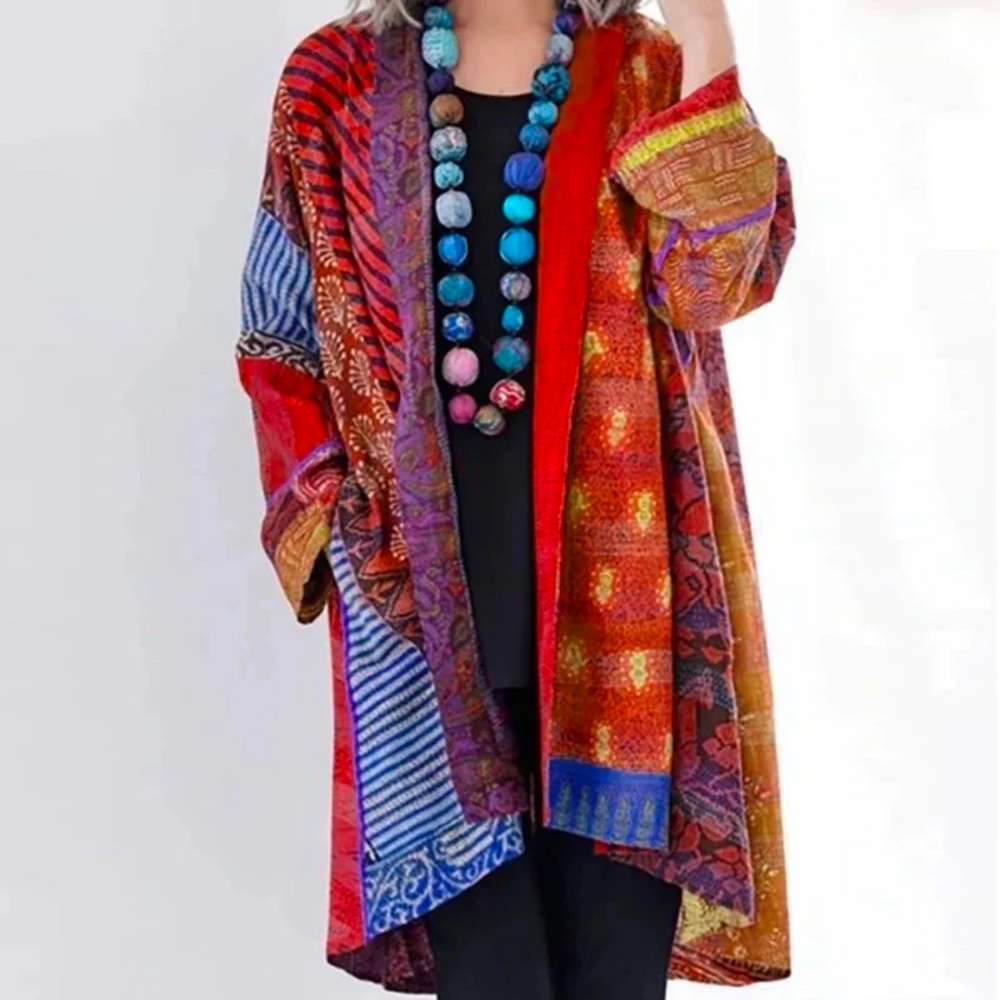 Podzimní boho pletený cardigan s barevným podzimním vzorem – Maravilla