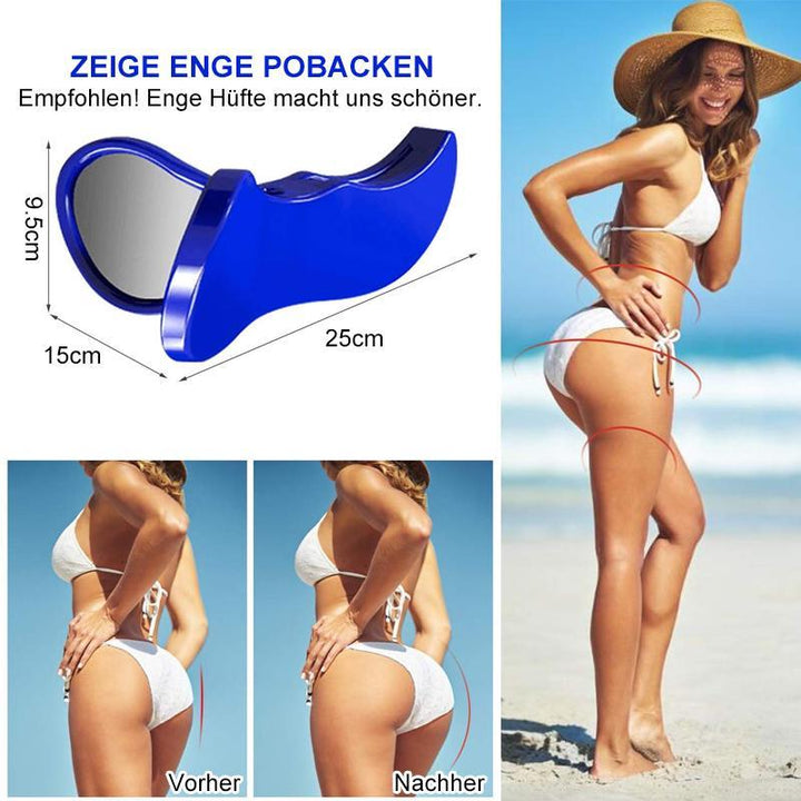 Blaue Hüfttrainer-Klemme, Fitnessgerät, strafft Gesäß, Frau im Bikini, Strandhintergrund.