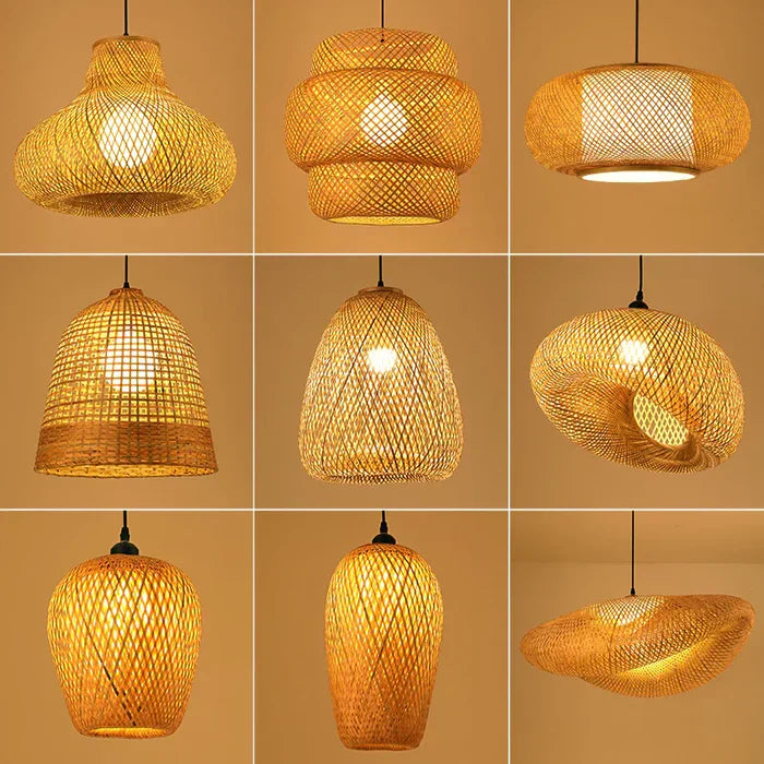Neun hängende Rattanlampen, handgefertigt, warmes Licht, modernes Design, Wohnzimmerbeleuchtung.