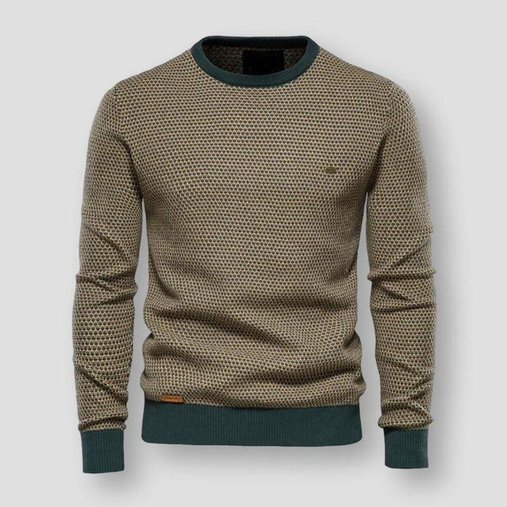 Herrenpullover, olivgrün, Rundhalsausschnitt, Strickmuster, modisch, bequem, Freizeitkleidung.