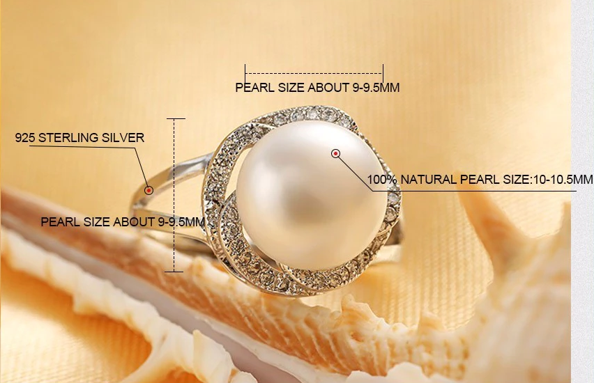 925 Sterling Silberring mit natürlicher Perle, 9-9,5mm, umgeben von Zirkonia, elegantes Design.