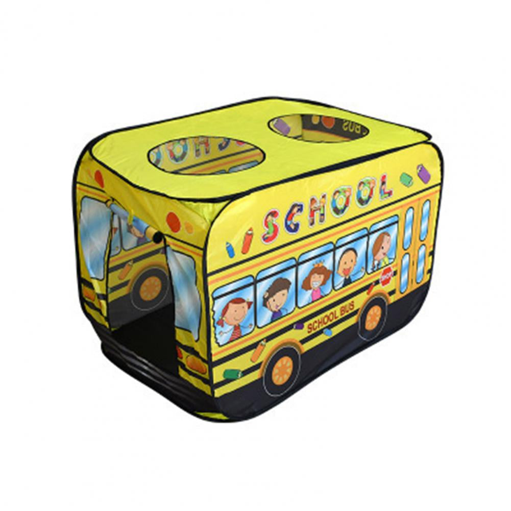 Gelbes Spielzelt in Form eines Schulbusses für Kinder, mit bunten Illustrationen und Fenstern.