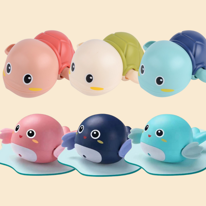 Bunte Badespielzeug-Schildkröten und -Fische aus Kunststoff für Kinder, schwimmend, 6er-Set.