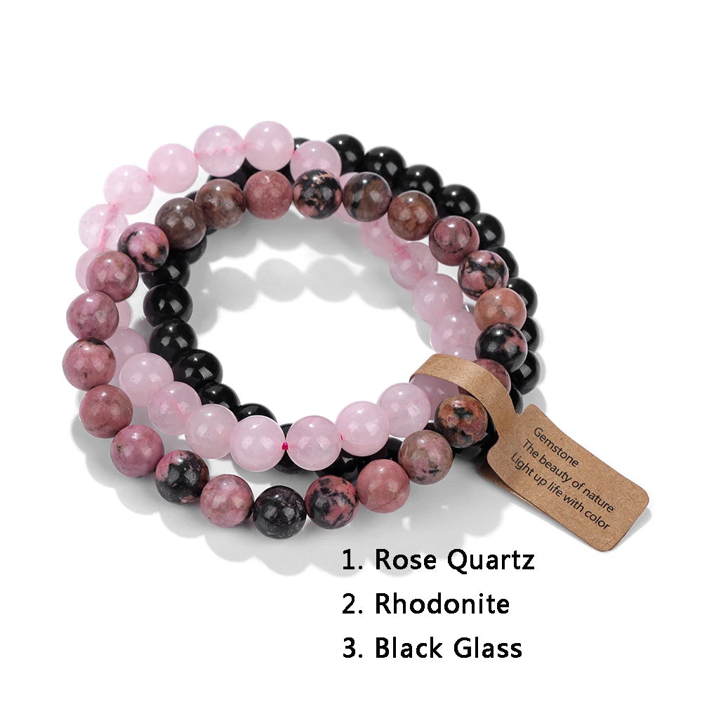 Rosenquarz, Rhodonit und schwarzes Glas Armband-Set, Edelstein-Schmuck, Damen Accessoire