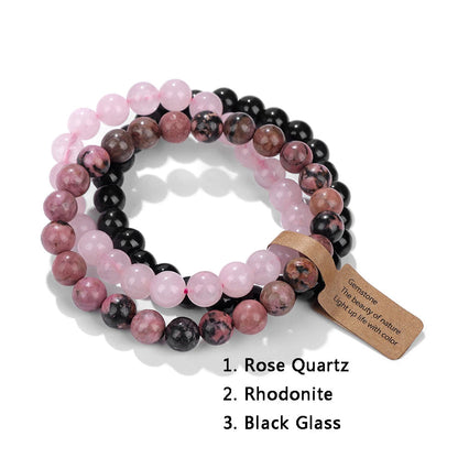 Rosenquarz, Rhodonit und schwarzes Glas Armband-Set, Edelstein-Schmuck, Damen Accessoire