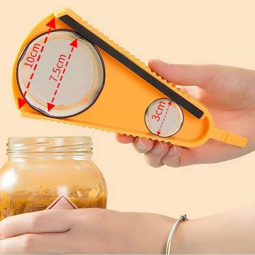 Orange Deckelöffner aus Kunststoff, ergonomisch, für Gläser, rutschfest, in Hand gehalten.
