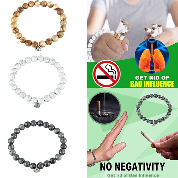 Drei Armbänder aus Naturstein, Anti-Raucher-Werbung, No Negativity, Gesundheitsförderung.
