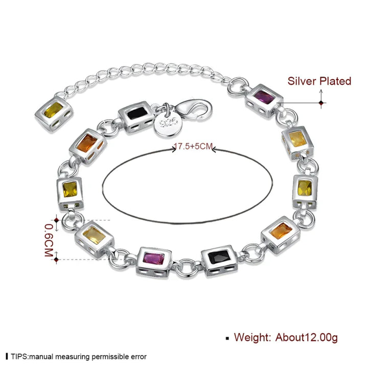 Silberarmband mit bunten Edelsteinen, quadratische Anhänger, verstellbar, Damen-Schmuck.