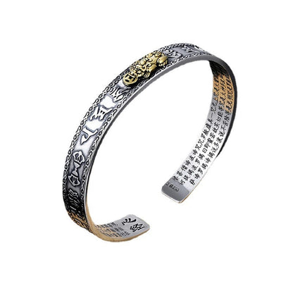 Silber-Armband mit goldenen Drachen, gravierte chinesische Schriftzeichen, verstellbar, Unisex.