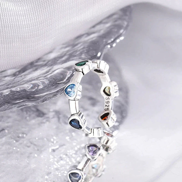 Silberring mit bunten Herz-Edelsteinen, S925, Damen-Schmuck, elegantes Design, Geschenkidee.