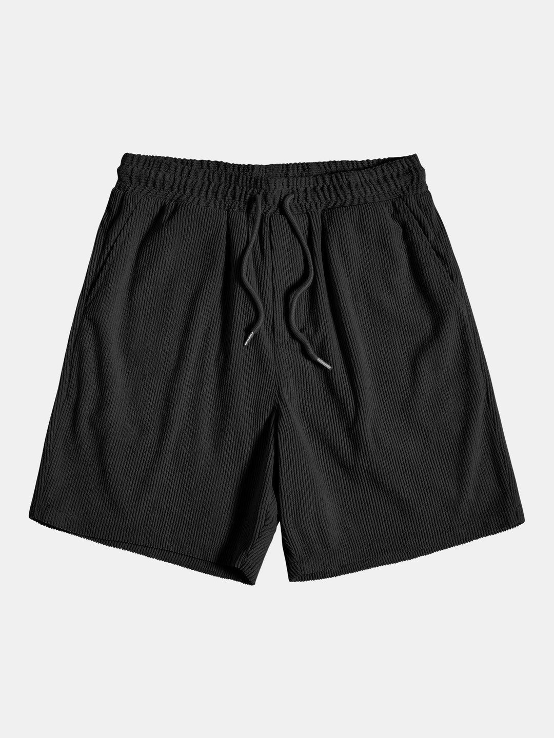 Schwarze Herren-Shorts, gerippt, elastischer Bund, Kordelzug, Freizeitmode.