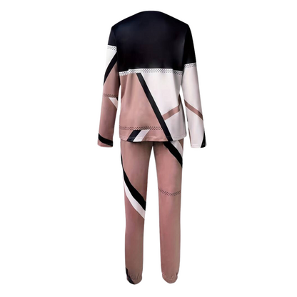 Zweiteiliger Schlafanzug, geometrisches Muster, schwarz-rosa, langärmelig, bequem, Damenmode.