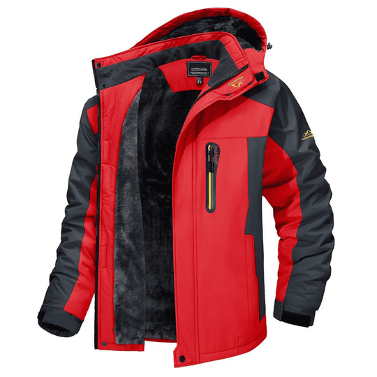 Rote Herren-Skijacke, wasserdicht, winddicht, mit Kapuze, Reißverschlusstasche, Winterbekleidung.