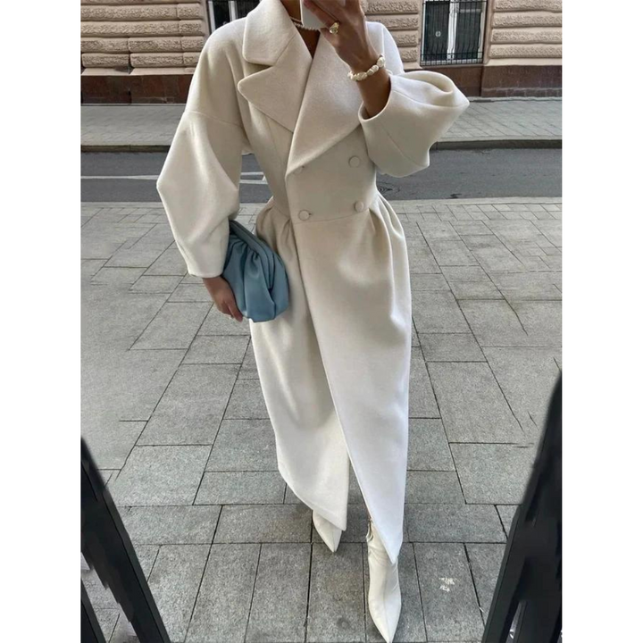 Eleganter weißer Wollmantel für Damen, doppelreihig, mit Gürtel, modisch, Herbst/Winter.