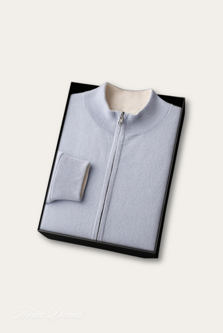 Hellblauer Kaschmirpullover mit Reißverschluss, elegantes Design, Geschenkbox, Herrenmode.