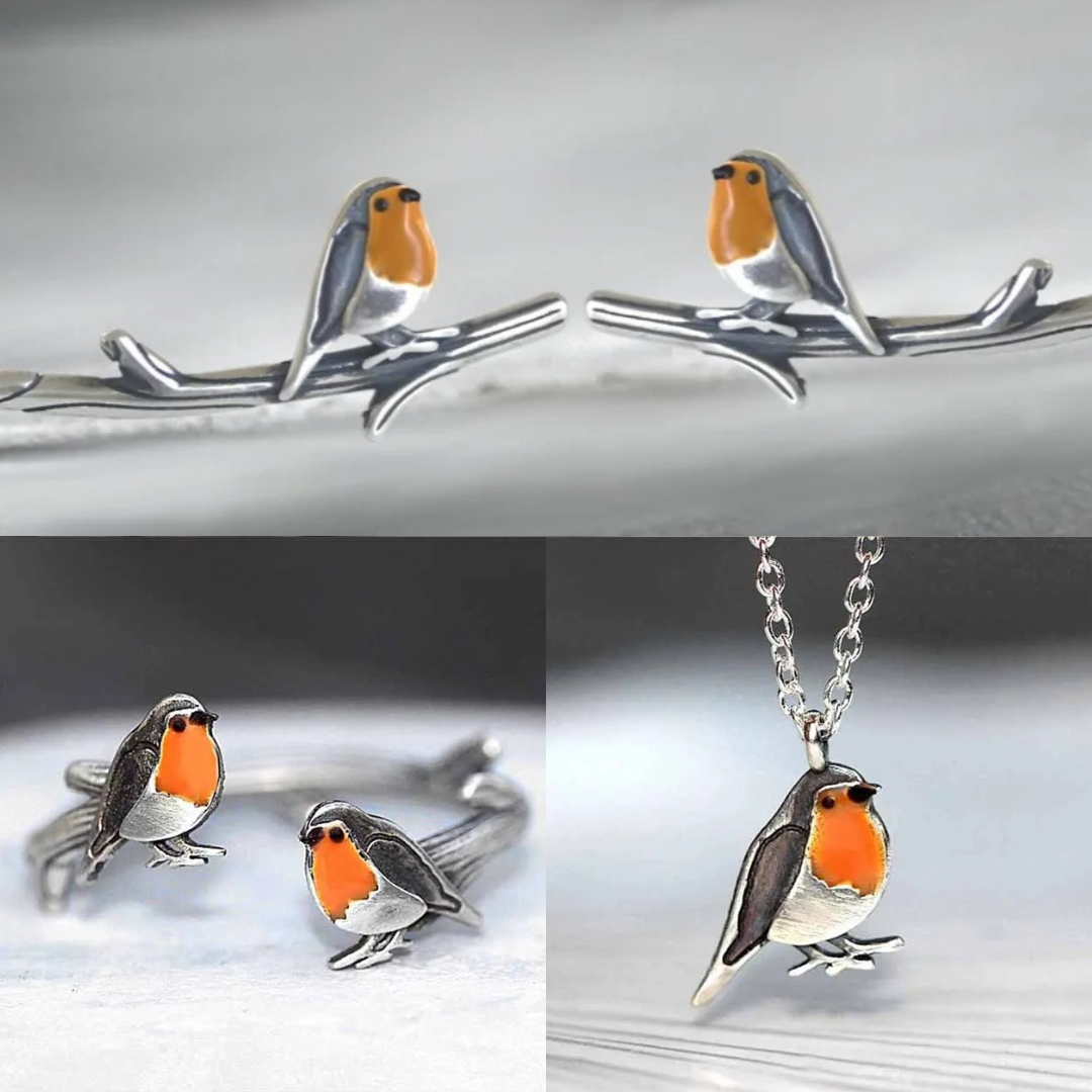 Silberne Rotkehlchen-Schmuckset: Ohrringe, Ring, Halskette, handgefertigt, Emaille, Geschenkidee.