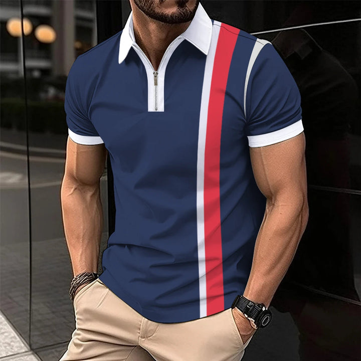 Herren Poloshirt, blau mit rotem Streifen, Kurzarm, Reißverschluss, sportlich-elegant.