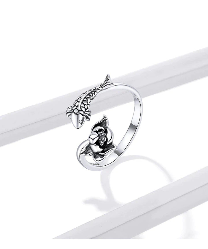 Silberner Fischring, verstellbar, Koi-Design, Damen-Schmuck, elegantes Accessoire.