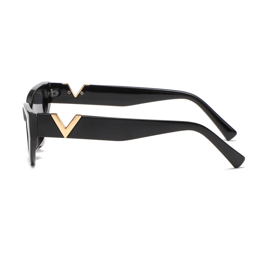 Schwarze Sonnenbrille mit goldenen Details, modisches Accessoire, UV-Schutz, Unisex-Design.
