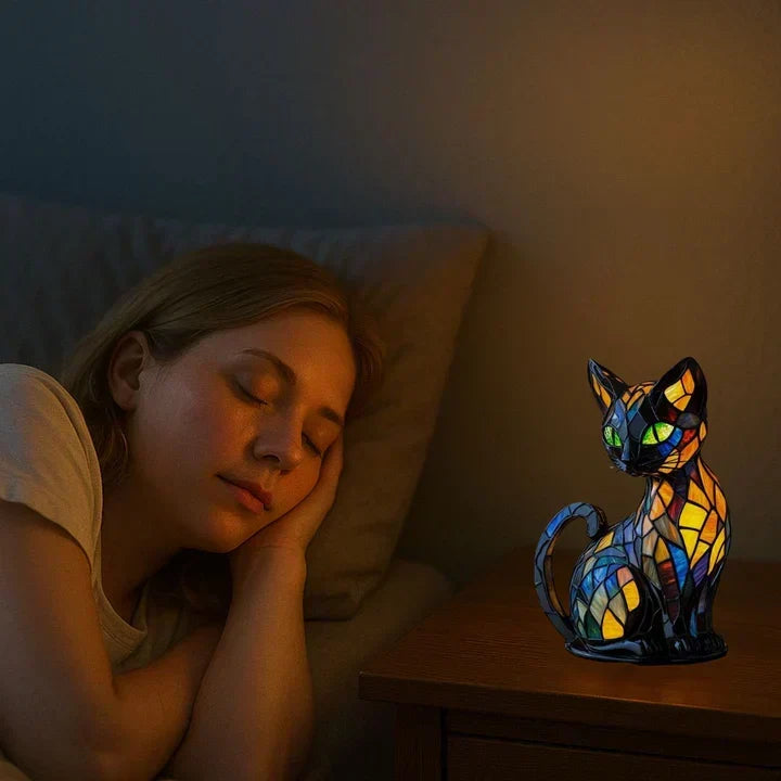 Rozsvícená kočka na nočním stolku vedle spící ženy, lampa vytváří teplé tlumené světlo v ložnici 5