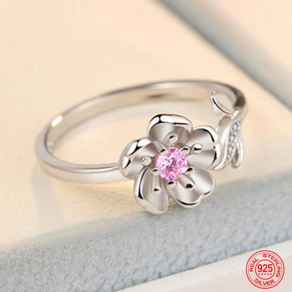 Silberring mit Blumenmotiv, rosa Kristall, 925 Sterling Silber, eleganter Schmuck.