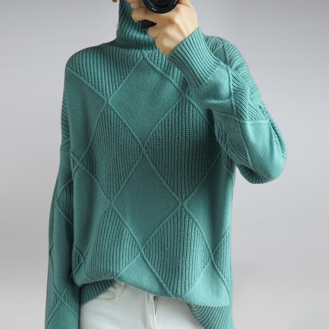 Damenpullover aus Wolle, türkis, Rautenmuster, Rollkragen, modisch, warm, Wintermode.
